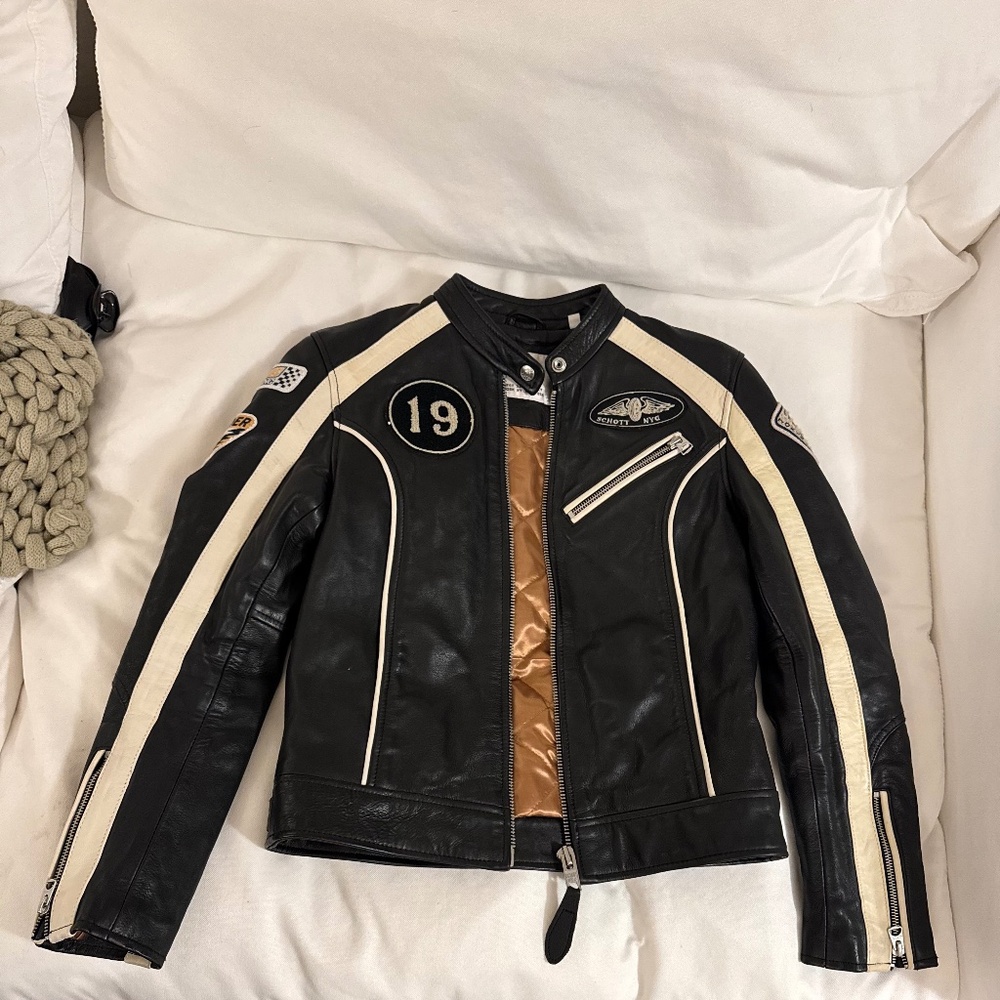 Women's Black Leather Racing Jacket with Cream Stripes